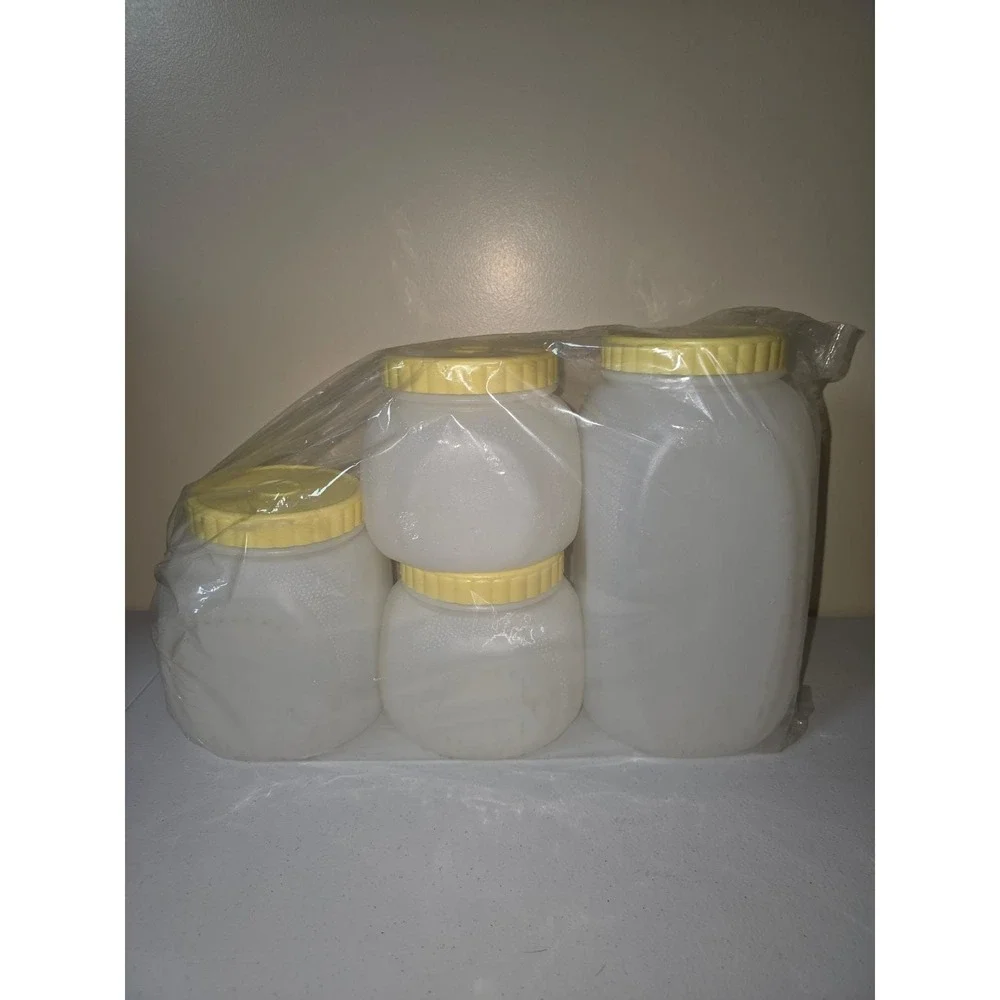 Vtg Bee Plastics Kitchen Canister Set 4pc Flour Sugar Coffee Tea Yellow MCM NEW‎